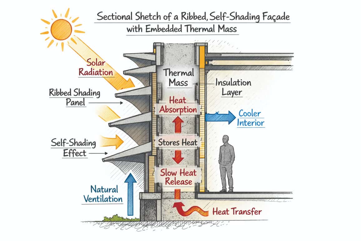 Self-shading façade with embedded thermal mass