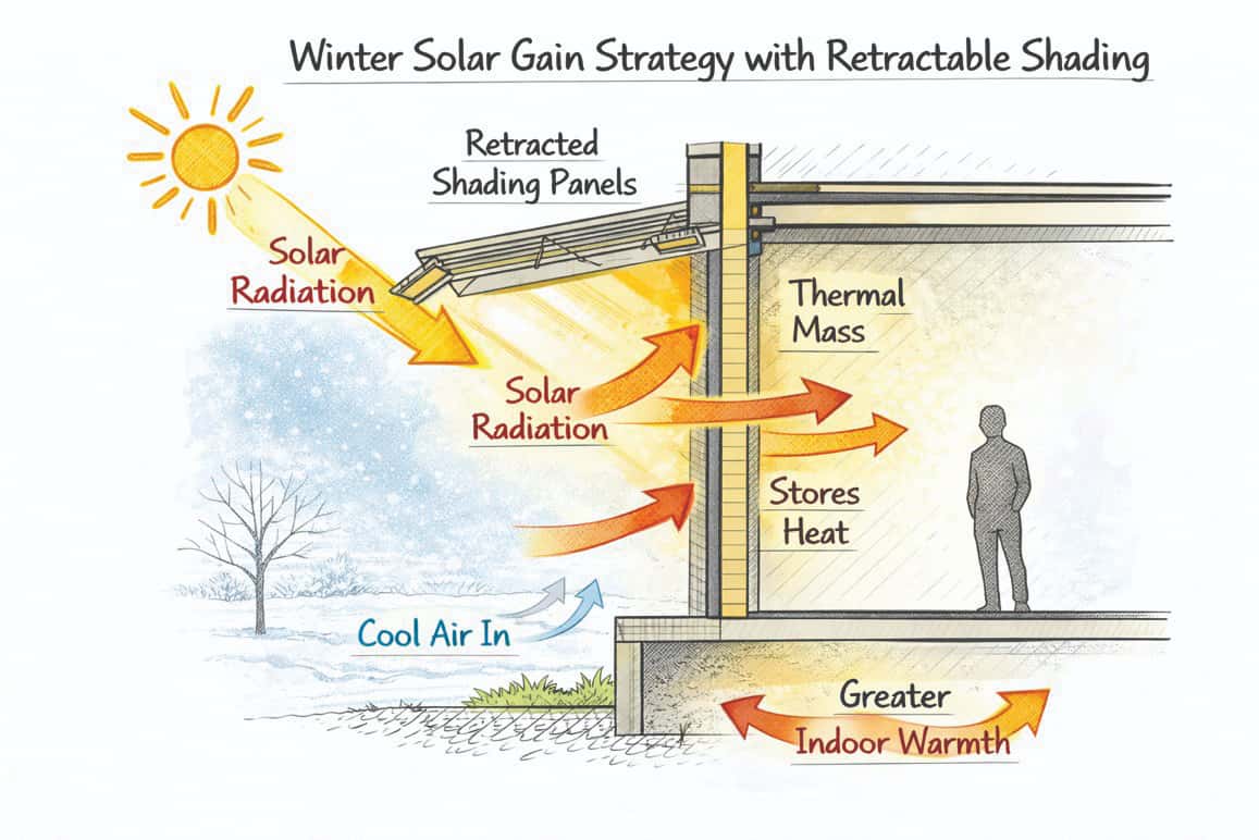 Winter solar gain strategy with retractable shading