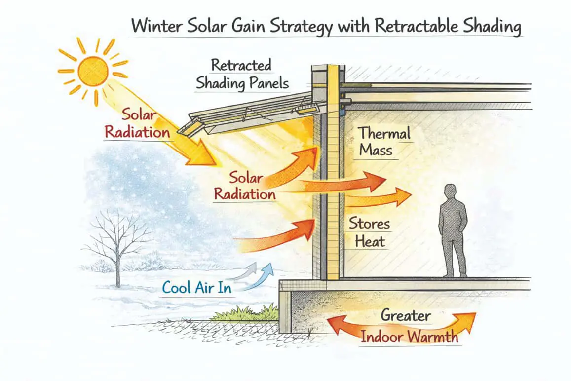 Winter solar gain strategy with retractable shading