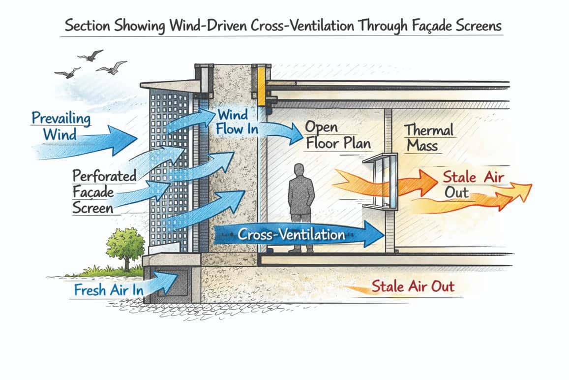 Wind-driven cross-ventilation through façade screens