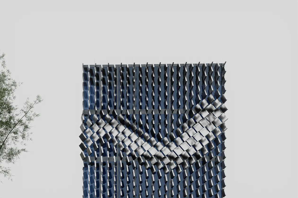 The façade demonstrates a gradient of shading informed by environmental analysis, where panel density and degree changes in response to higher solar exposure and decreases in areas requiring greater daylight access
