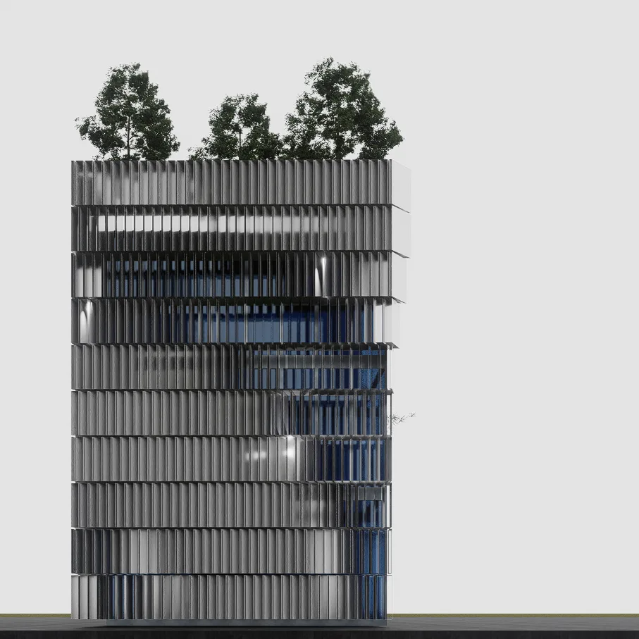 The façade was developed through environmental analysis, resulting in a performance-driven system that optimizes solar shading while maintaining effective daylight penetration