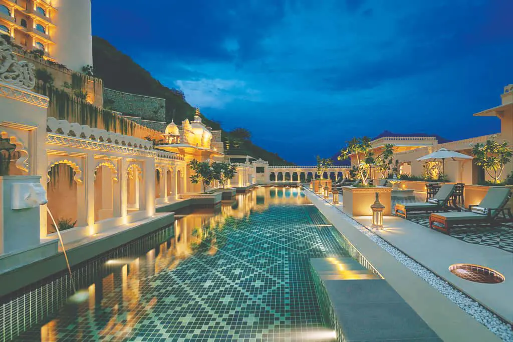 At Aurika, Udaipur, overlooking Lake Pichola, the façade responds closely to the hillside terrain