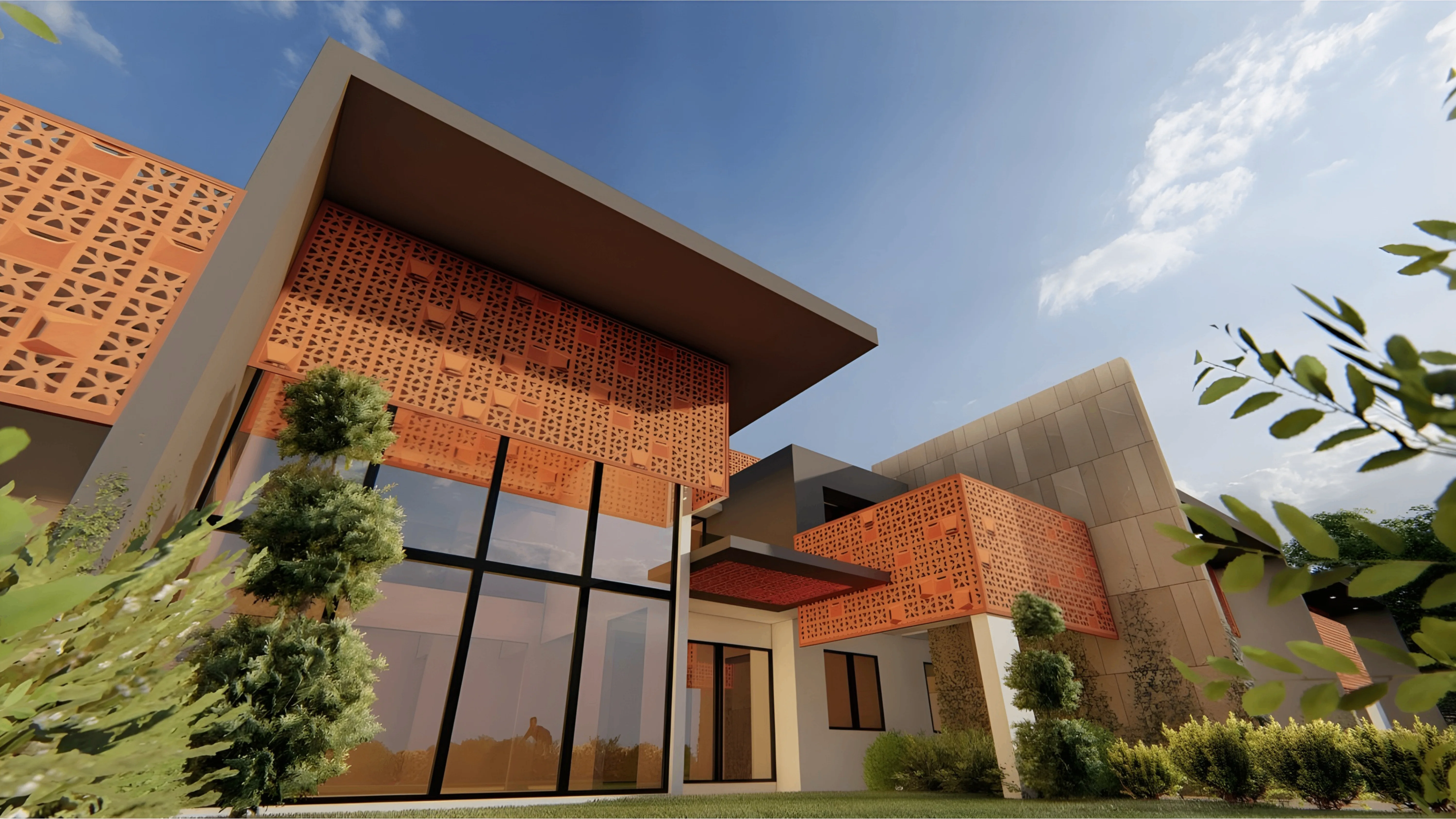 In these row houses, the earthy porcelain jali is integrated into the extended roofline as a high-performance thermal filter. (Image Credit - Aedium Design)