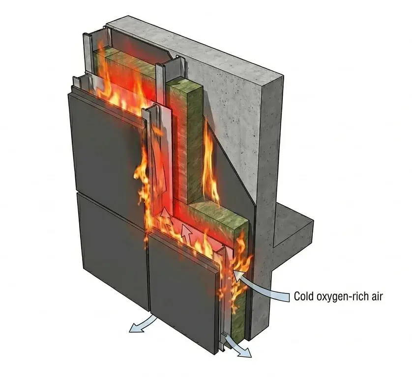 Continuous supply of fresh oxygen fuels the combustion zone, resulting in a very hazardous feedback loop that dramatically increases the vertical velocity of flame spread