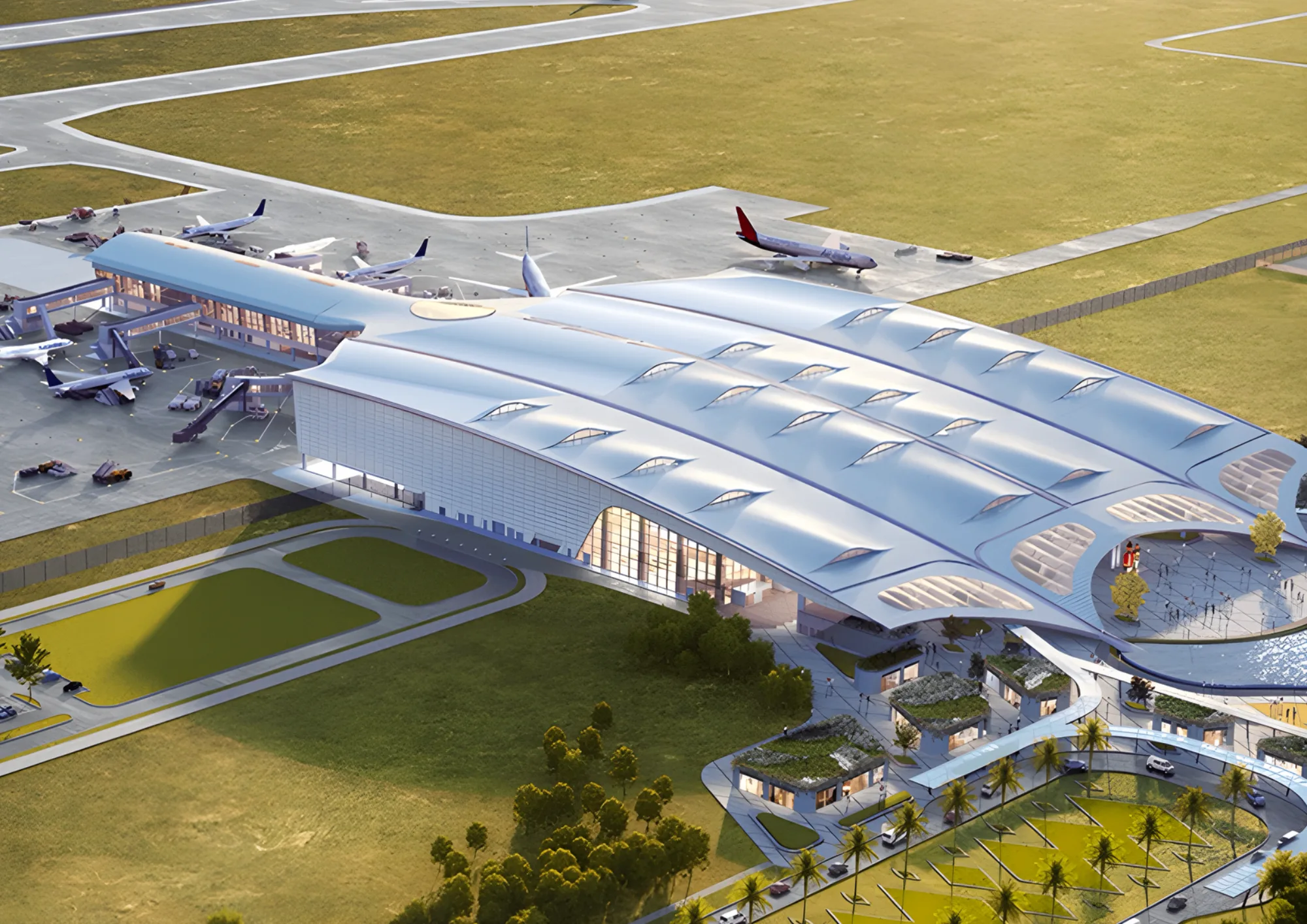 New international terminal building featuring façade and roof with skylights