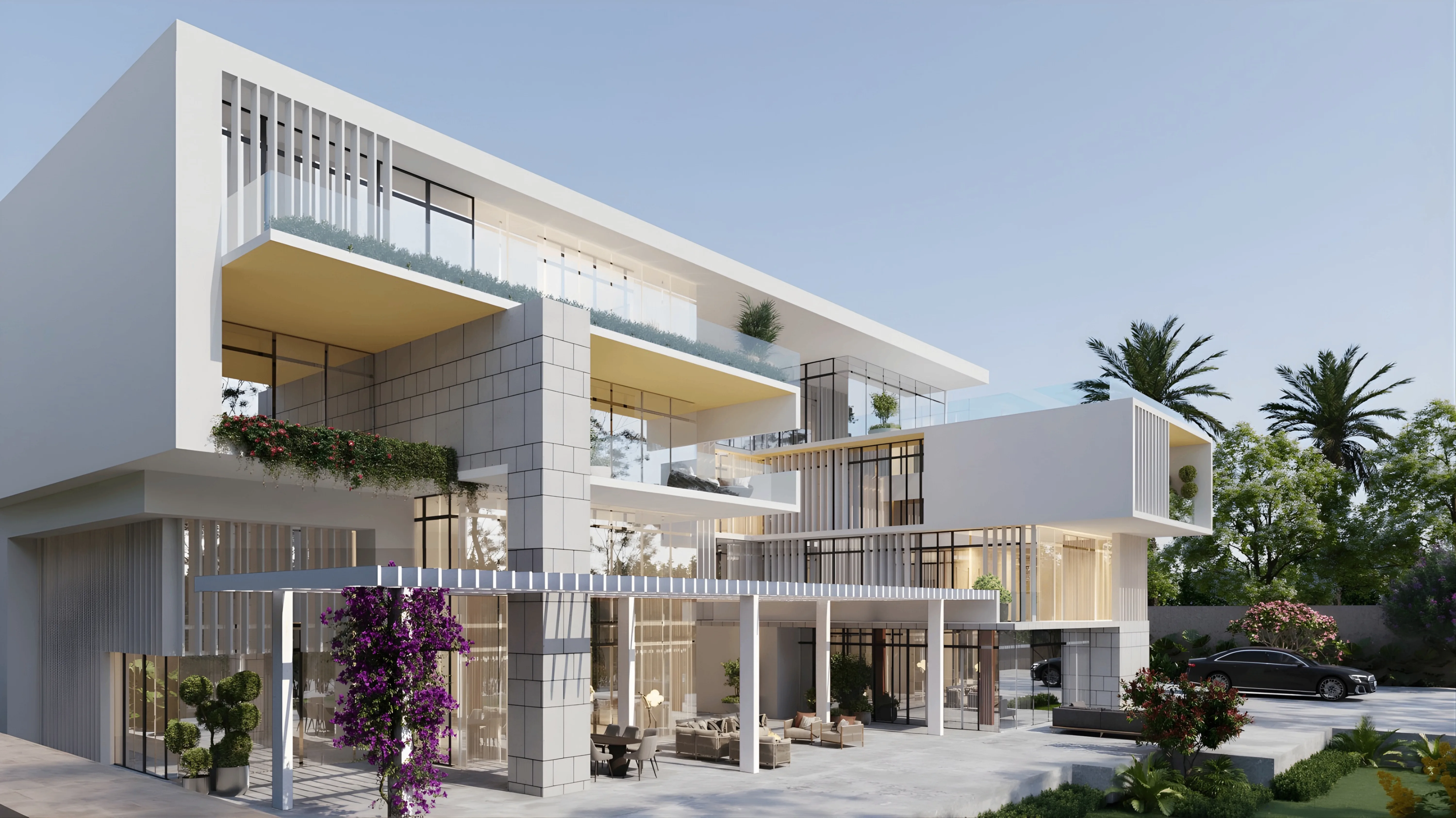 This HNI villa features a striking façade of vertical fins, engineered for passive cooling and solar shading while reducing thermal gain and ensuring privacy, natural light, and ventilation (Image Credit