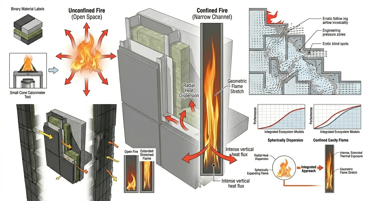 This tall, thin volume naturally creates a chimney effect, it poses a significant fire-spread risk if combustible materials line its interior surfaces without adequate fire-stopping
