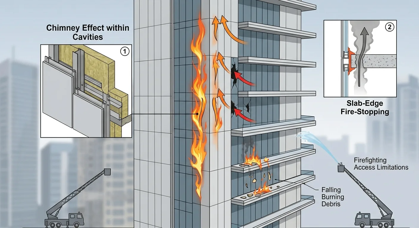 Under fire exposure conditions, some façade systems can contribute to rapid vertical flame spread
