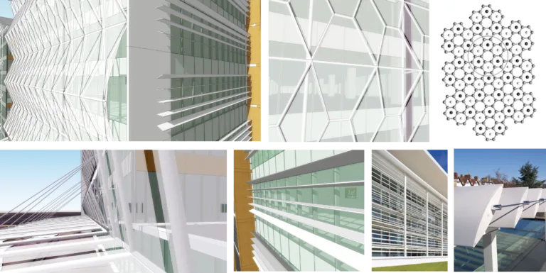Building envelope components designed to mitigate environmental impact. Façade material relates to solar conditions and to molecular patterns (Image Credit: M Moser Associates - India)
