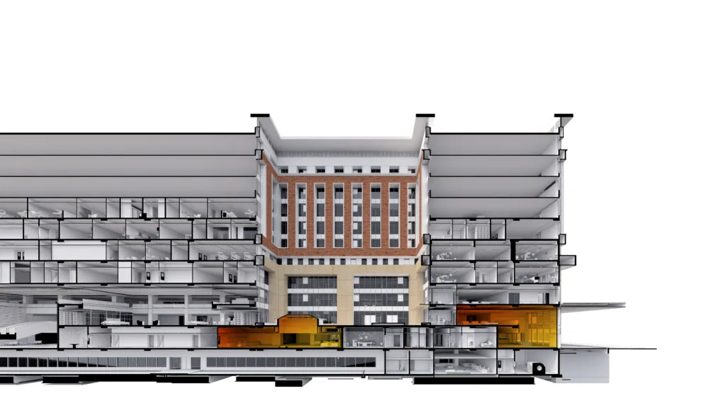 Section through skylight to radiology and maternity below