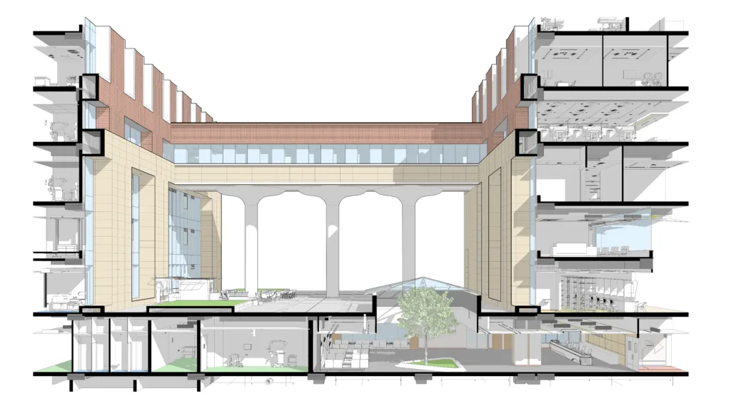 Section through skylight to radiology and maternity below