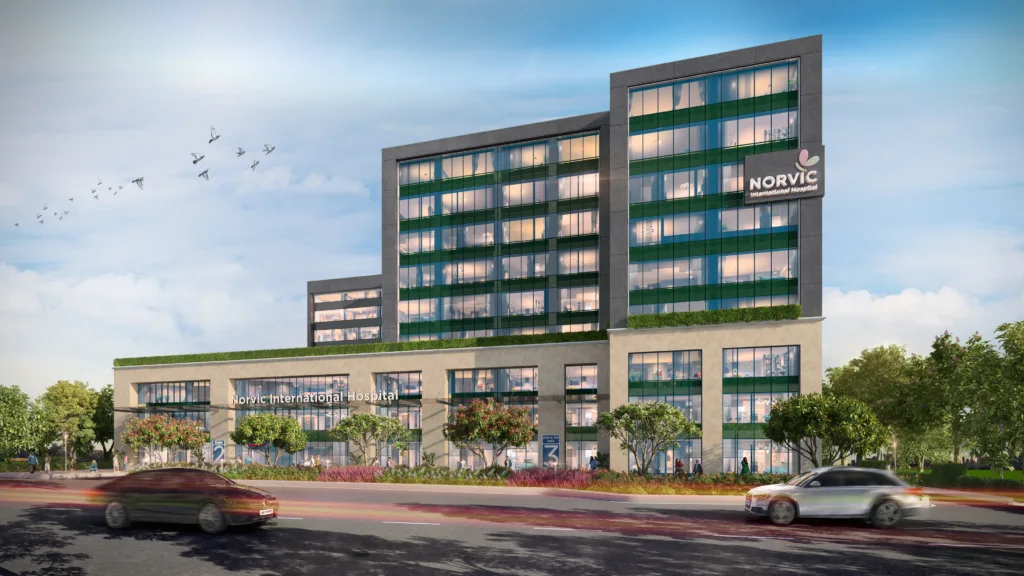 Norvic Kathmandu — south elevation, full-height louvers in the colour of tree stems, Interior View looking towards Himalayan valley