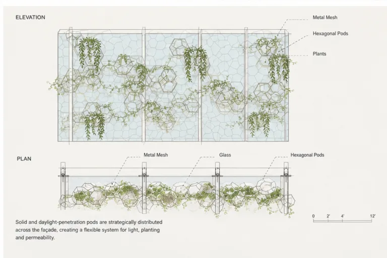 Solid and daylight-penetration pods are strategically distributed across the façade, creating a flexible system for light, planting, and permeability