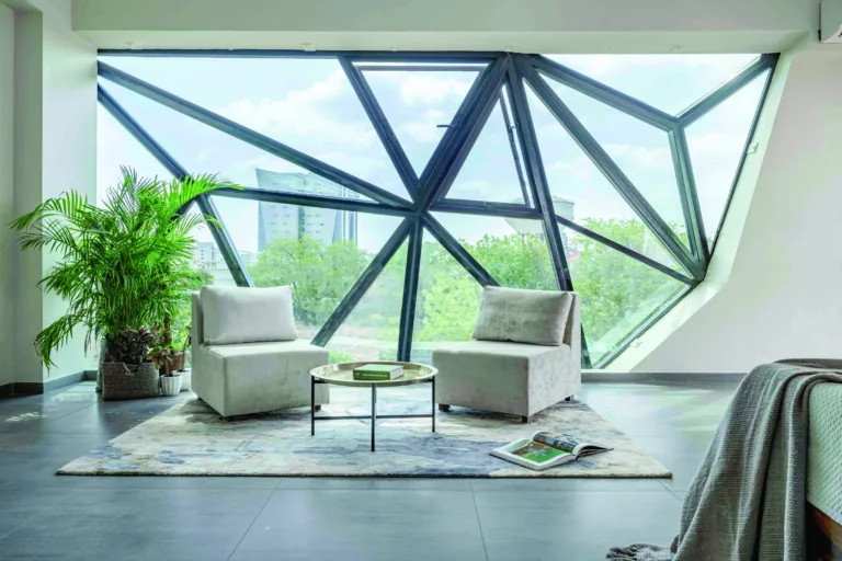 For the fenestration (windows, doors, and skylights), the design emphasizes angular forms, breaking away from traditional rectangular shapes